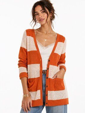 Anthropologie Little Yellow Bird Orange Cream Striped Pointelle Cardigan Medium